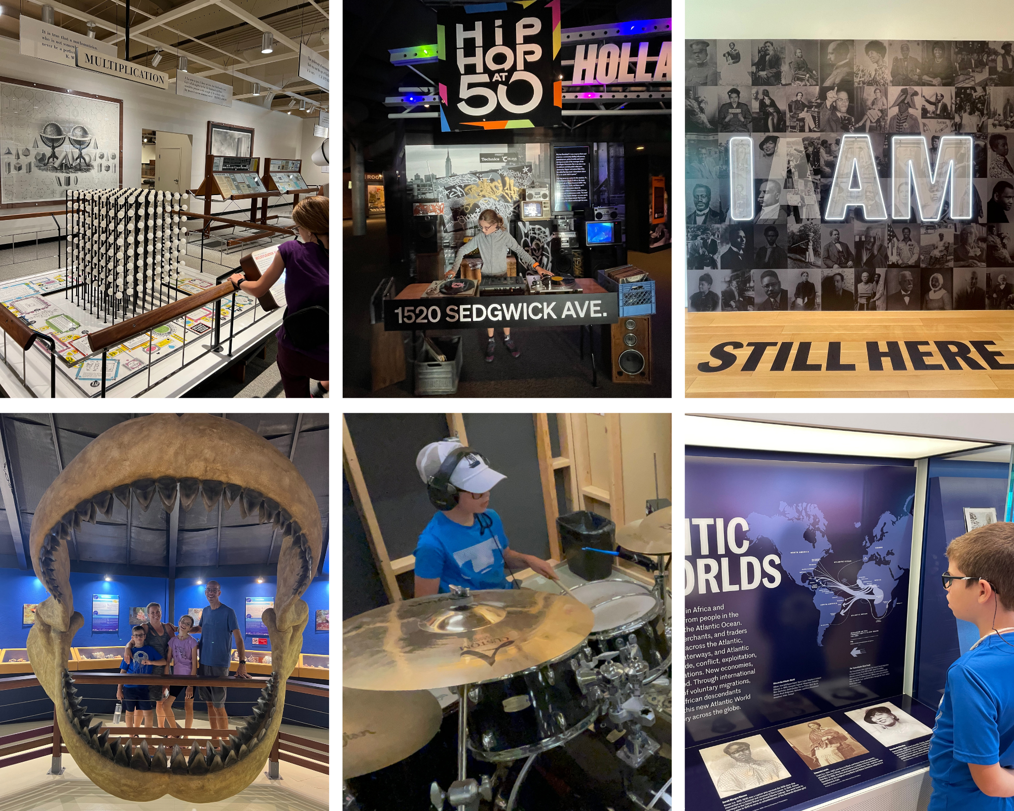 Collage of children learning through hands-on exhibits at museums during worldschool travel.